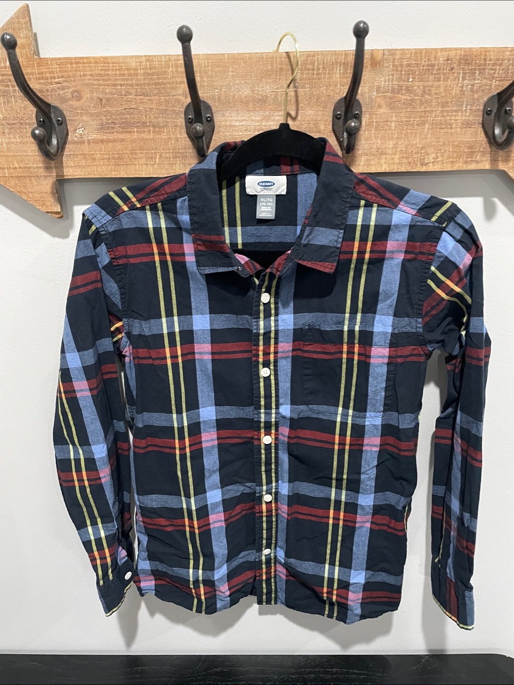 Old Navy Black Plaid Button-Down Shirt with Blue, Red, Yellow Accents